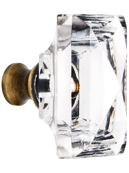Lead Free German Crystal Rectangular Knob With Solid Brass Base In Antique Brass.